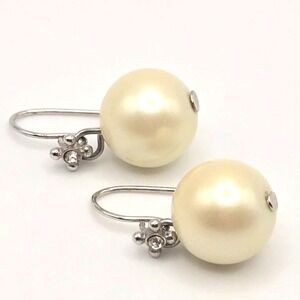Silver Tone Cream Colored 12mm Glass Faux Pearl‎ and Rhinestone Dangle Earrings